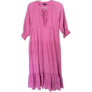 Tolani Pink Eyelet Tiered Midi Dress Women's Large Boho Peasant Tie Neck Cotton